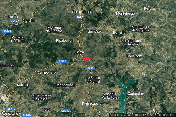 Debole Terremoto M2.5 epicentro 4 km N Sant'Elia a Pianisi (CB) alle 21:51:32 (20:51:32 UTC)