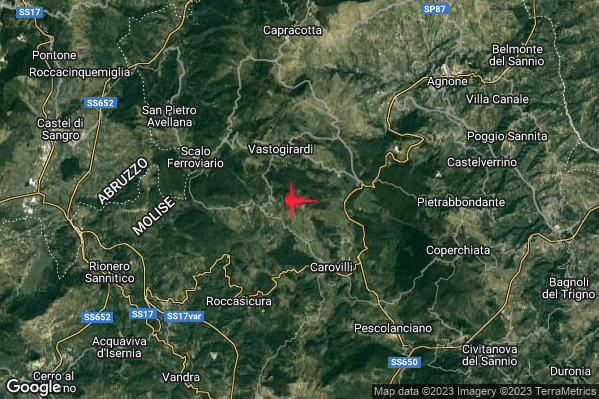 Debole Terremoto M2.4 epicentro 3 km SE Vastogirardi (IS) alle 06:10:11 (04:10:11 UTC)