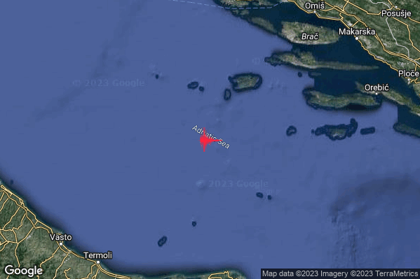 Debole Terremoto M2.3 epicentro Adriatico Centrale (MARE) alle 17:07:19 (15:07:19 UTC)