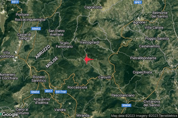 Leggero Terremoto M3.0 epicentro 3 km S Vastogirardi (IS) alle 01:35:24 (23:35:24 UTC)