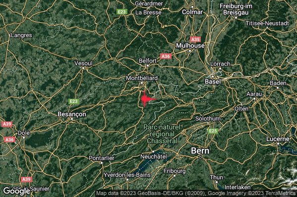 Leggero Terremoto M2.8 epicentro Confine Svizzera-Francia (SVIZZERA FRANCIA) alle 19:21:15 (17:21:15 UTC)