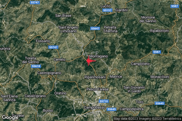 Debole Terremoto M2.4 epicentro 2 km W Montagano (CB) alle 06:54:42 (04:54:42 UTC)