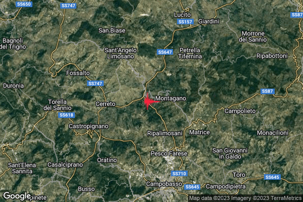 Intenso Terremoto M4.6 epicentro 2 km W Montagano (CB) alle 23:52:45 (21:52:45 UTC)