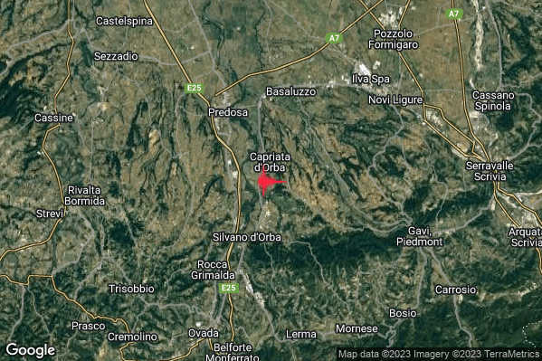 Lieve Terremoto M2.1 epicentro 1 km S Capriata d'Orba (AL) alle 04:18:04 (02:18:04 UTC)