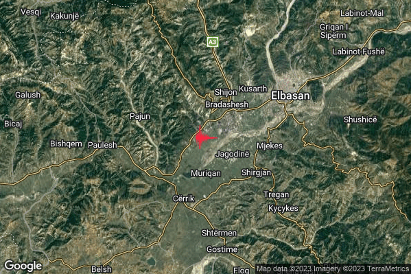 Leggero Terremoto M3.2 epicentro Albania alle 17:00:37 (15:00:37 UTC)