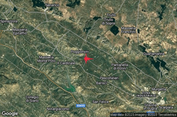 Lieve Terremoto M2.1 epicentro 2 km SE Poggiorsini (BA) alle 23:15:44 (21:15:44 UTC)