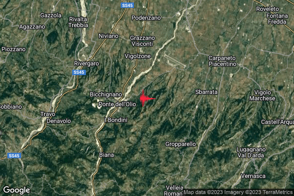 Lieve Terremoto M2.1 epicentro 3 km E Ponte dell'Olio (PC) alle 18:16:17 (16:16:17 UTC)