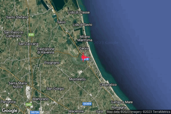 Lieve Terremoto M2.0 epicentro 1 km S Cervia (RA) alle 23:23:26 (21:23:26 UTC)
