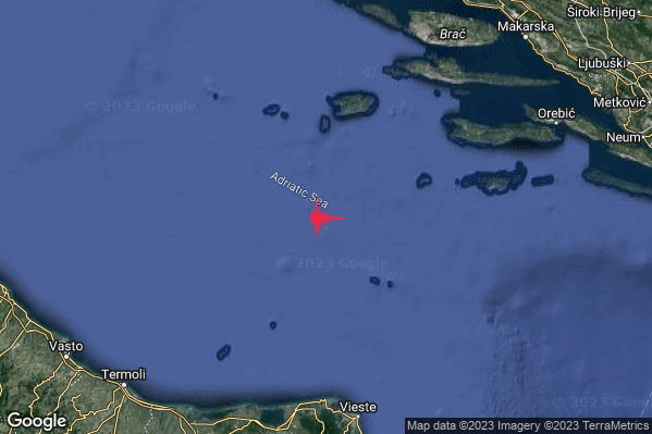 Debole Terremoto M2.4 epicentro Adriatico Centrale (MARE) alle 22:01:36 (20:01:36 UTC)