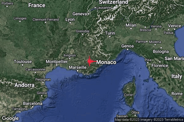 Debole Terremoto M2.3 epicentro Near south coast of France [Land: France] alle 15:44:45 (13:44:45 UTC)
