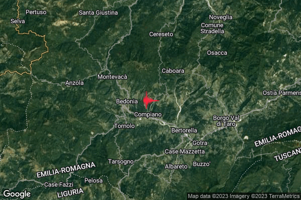 Lieve Terremoto M2.1 epicentro 2 km N Compiano (PR) alle 16:43:38 (14:43:38 UTC)