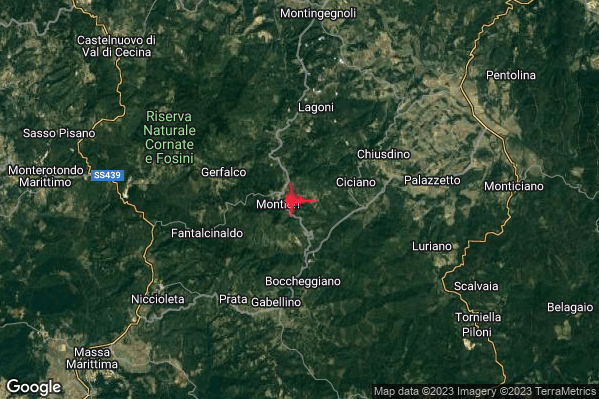 Lieve Terremoto M2.2 epicentro 1 km E Montieri (GR) alle 03:57:35 (01:57:35 UTC)