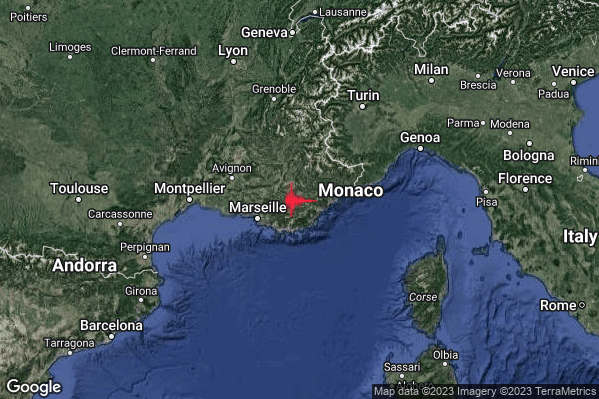 Lieve Terremoto M2.1 epicentro Near south coast of France [Land: France] alle 03:20:57 (01:20:57 UTC)