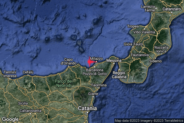 Debole Terremoto M2.5 epicentro Costa Siciliana nord-orientale (Messina) alle 22:38:48 (20:38:48 UTC)