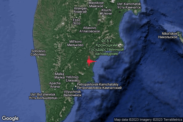 Severo Terremoto M5.6 epicentro Near east coast of Kamchatka Peninsula Russia [Land: Russia] alle 04:40:56 (02:40:56 UTC)