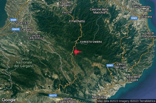 Leggero Terremoto M2.8 epicentro 11 km N Monte Sant'Angelo (FG) alle 09:28:24 (07:28:24 UTC)
