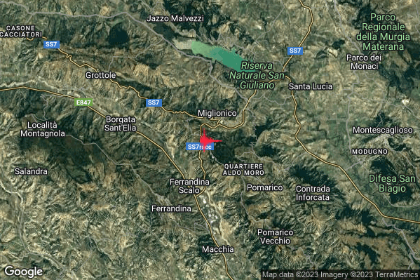 Lieve Terremoto M2.1 epicentro 2 km SW Miglionico (MT) alle 10:12:16 (08:12:16 UTC)