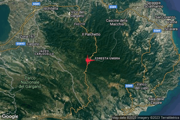 Debole Terremoto M2.3 epicentro 9 km S Vico del Gargano (FG) alle 11:11:47 (09:11:47 UTC)