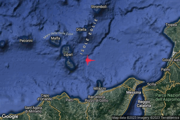 Debole Terremoto M2.3 epicentro Isole Eolie (Messina) alle 12:39:22 (10:39:22 UTC)