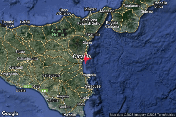 Intenso Terremoto M4.4 epicentro Costa Catanese (Catania) alle 14:06:23 (12:06:23 UTC)