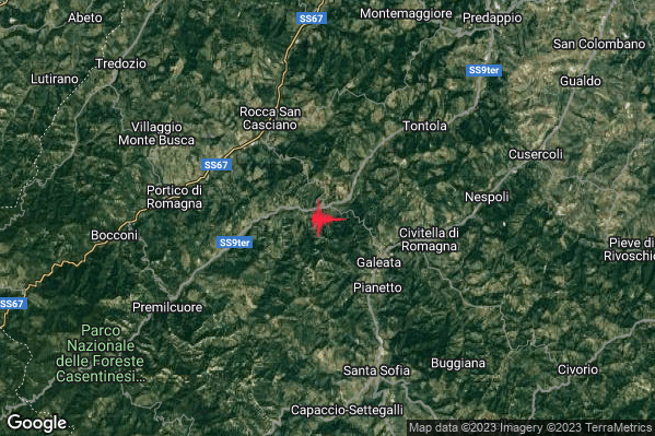 Debole Terremoto M2.7 epicentro 3 km NW Galeata (FC) alle 18:17:30 (16:17:30 UTC)