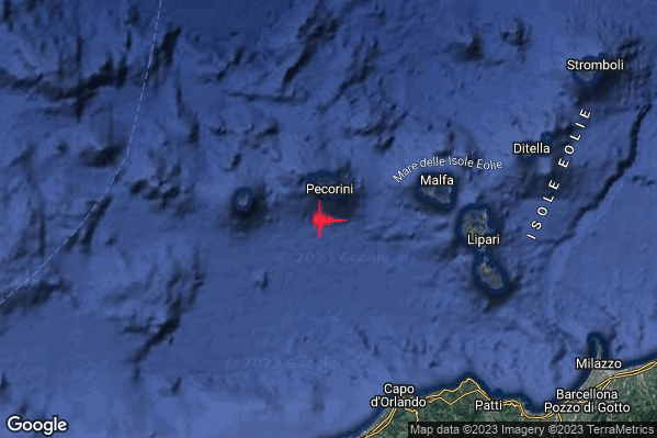 Debole Terremoto M2.3 epicentro Isole Eolie (Messina) alle 01:33:31 (23:33:31 UTC)