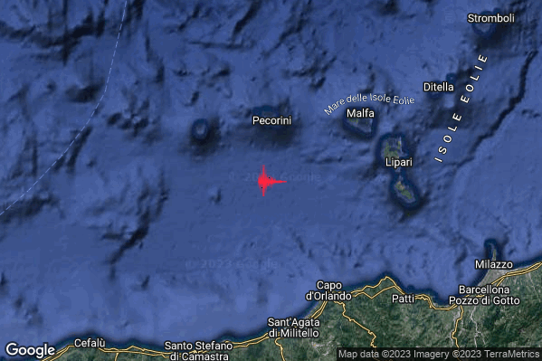 Debole Terremoto M2.3 epicentro Isole Eolie (Messina) alle 01:33:32 (23:33:32 UTC)