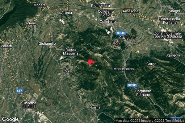 Debole Terremoto M2.3 epicentro 4 km E Rocca Massima (LT) alle 17:53:58 (15:53:58 UTC)