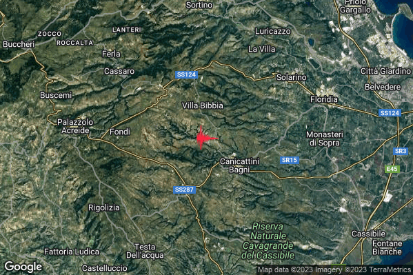 Debole Terremoto M2.4 epicentro 3 km NW Canicattini Bagni (SR) alle 15:29:03 (13:29:03 UTC)