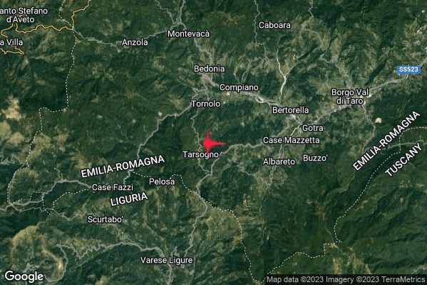 Debole Terremoto M2.4 epicentro 3 km S Tornolo (PR) alle 02:33:47 (00:33:47 UTC)