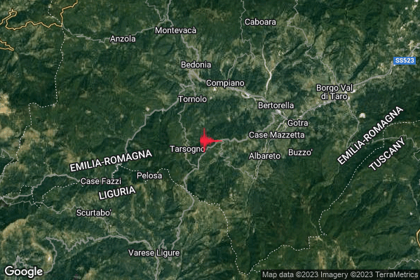 Debole Terremoto M2.6 epicentro 4 km SE Tornolo (PR) alle 07:53:19 (05:53:19 UTC)