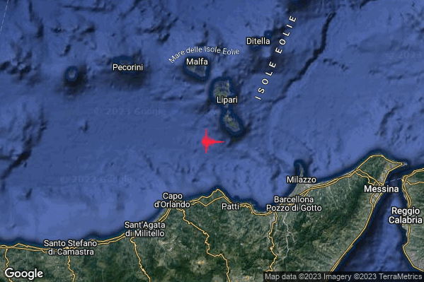 Debole Terremoto M2.3 epicentro Isole Eolie (Messina) alle 13:30:03 (11:30:03 UTC)