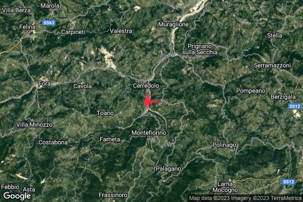 Debole Terremoto M2.4 epicentro 3 km N Montefiorino (MO) alle 07:23:09 (05:23:09 UTC)