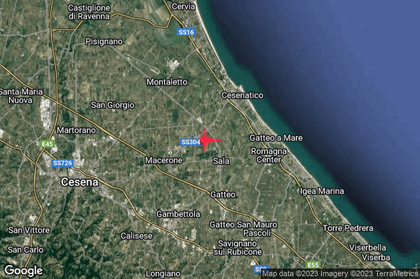Debole Terremoto M2.4 epicentro 4 km SW Cesenatico (FC) alle 21:03:55 (19:03:55 UTC)