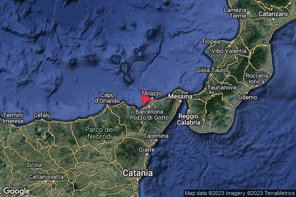 Lieve Terremoto M2.1 epicentro Costa Siciliana nord-orientale (Messina) alle 19:43:53 (17:43:53 UTC)