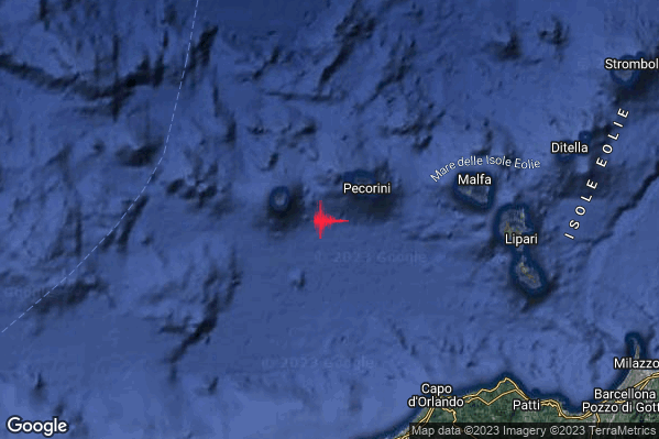 Debole Terremoto M2.3 epicentro Isole Eolie (Messina) alle 07:09:08 (05:09:08 UTC)