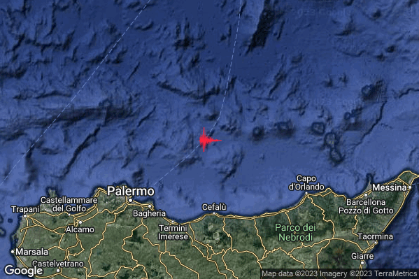 Leggero Terremoto M3.2 epicentro Tirreno Meridionale (MARE) alle 05:39:19 (03:39:19 UTC)