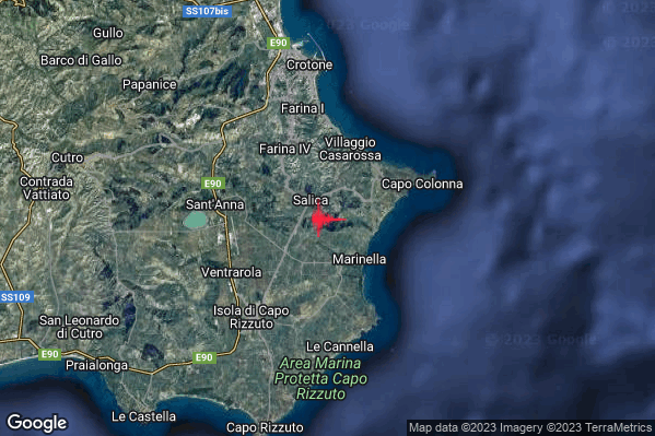Debole Terremoto M2.4 epicentro 6 km NE Isola di Capo Rizzuto (KR) alle 15:17:44 (13:17:44 UTC)
