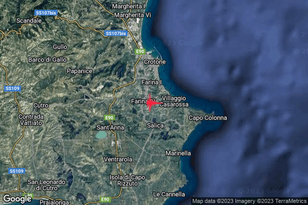 Moderato Terremoto M3.4 epicentro 5 km S Crotone (KR) alle 16:35:54 (14:35:54 UTC)