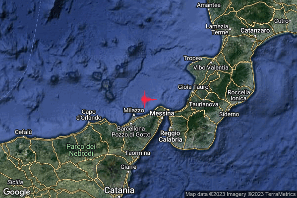 Debole Terremoto M2.4 epicentro Costa Siciliana nord-orientale (Messina) alle 22:39:50 (20:39:50 UTC)