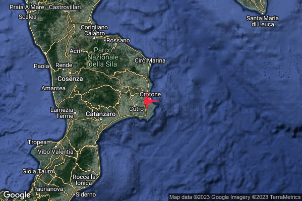 Debole Terremoto M2.3 epicentro Costa Ionica Crotonese (Crotone) alle 00:38:13 (22:38:13 UTC)