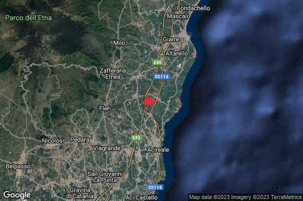 Debole Terremoto M2.4 epicentro 3 km SE Santa Venerina (CT) alle 03:53:54 (01:53:54 UTC)