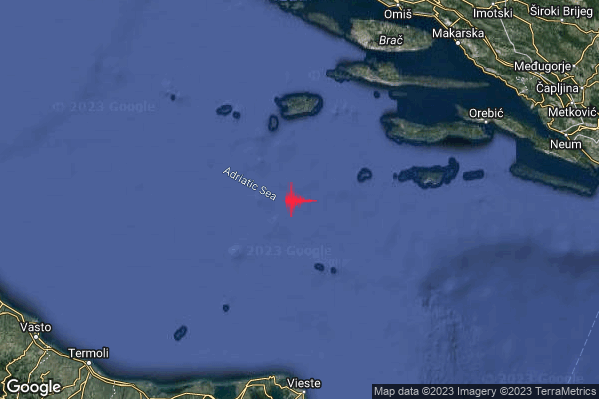 Debole Terremoto M2.5 epicentro Adriatico Centrale (MARE) alle 21:24:52 (19:24:52 UTC)