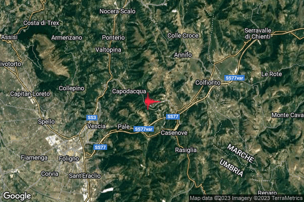 Debole Terremoto M2.4 epicentro 7 km SE Valtopina (PG) alle 23:05:15 (21:05:15 UTC)