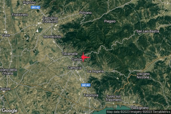 Leggero Terremoto M2.8 epicentro 1 km E Cortona (AR) alle 15:02:28 (13:02:28 UTC)
