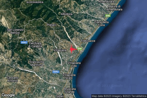 Debole Terremoto M2.3 epicentro 3 km E Villapiana (CS) alle 10:11:42 (08:11:42 UTC)