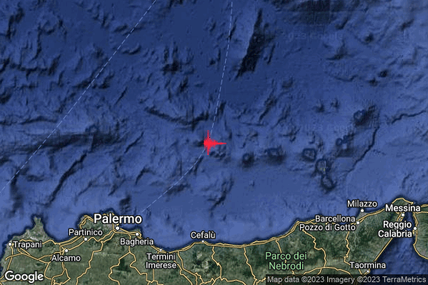 Moderato Terremoto M3.5 epicentro Tirreno Meridionale (MARE) alle 01:38:21 (23:38:21 UTC)