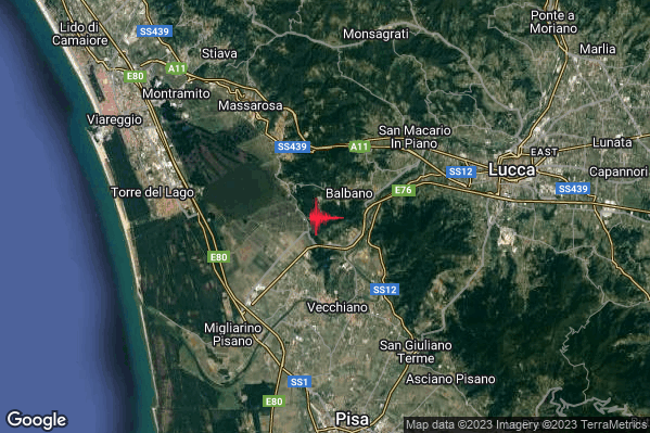 Debole Terremoto M2.4 epicentro 4 km N Vecchiano (PI) alle 08:11:43 (06:11:43 UTC)