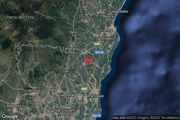 Debole Terremoto M2.3 epicentro 2 km SE Santa Venerina (CT) alle 06:17:31 (04:17:31 UTC)