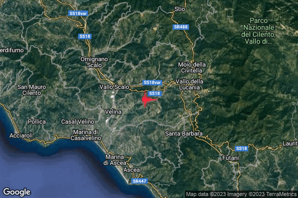Debole Terremoto M2.4 epicentro 3 km E Castelnuovo Cilento (SA) alle 08:49:15 (06:49:15 UTC)